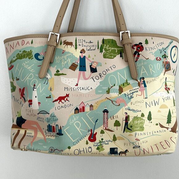 Spartina Great Lakes Tote Handbag Superior Erie Ontario Huron Map Travel - Picture 5 of 9